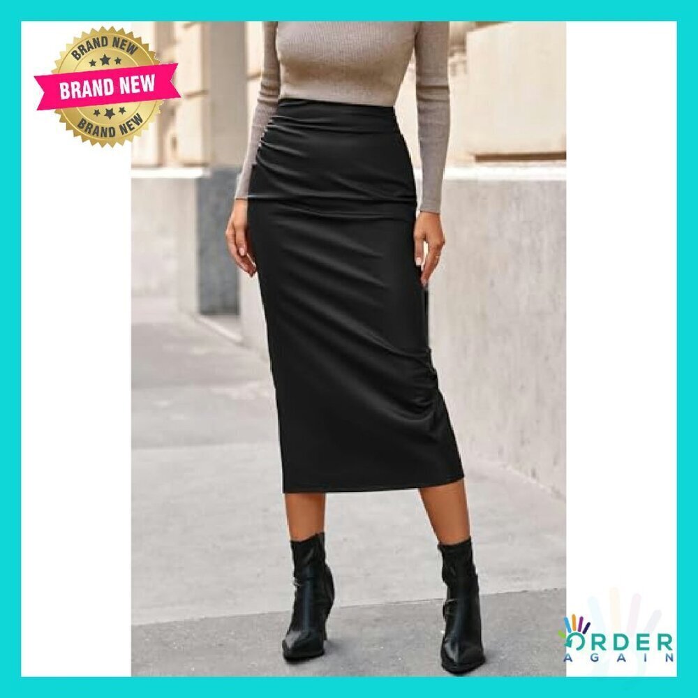 Leather Pencil Skirt Bodycon Midi Chic Elegant Work Casual Back Slit - Picture 6 of 8